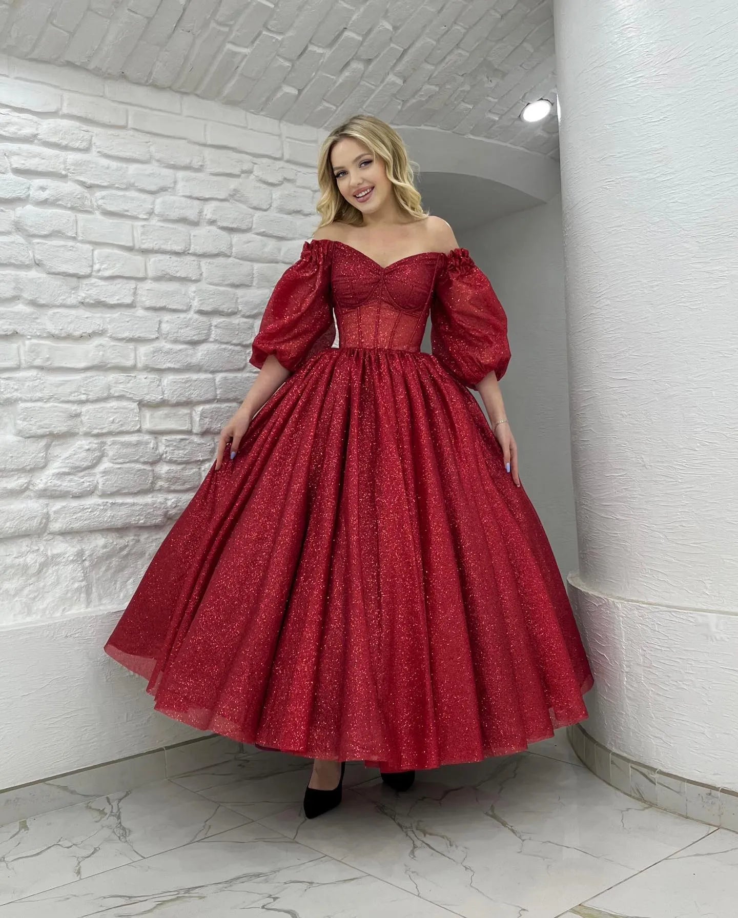 Exquisite Red Glitter SequinProm Dresses Half Puff Sleeves Pleat Ruched Homecoming Dress vestidos de graduación