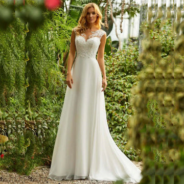 Jeheth Beach Lace Chiffon Wedding Dress Charming O-Neck applikationer Brudklänningar A-line rygglös ärmlös mantel de Mariee