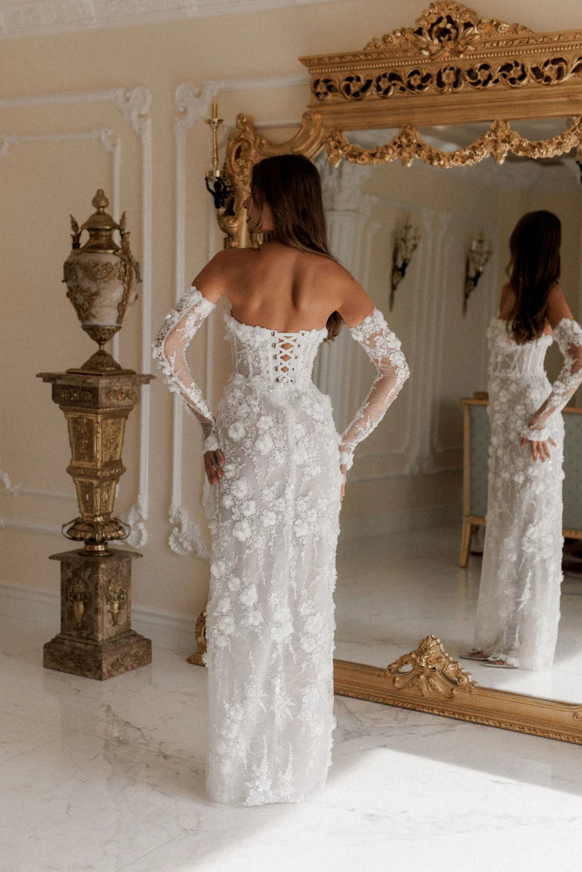 Formal White Lace Porm Dress Customized Floor-Length Off Shoulder Wedding Dresses