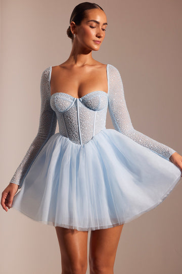 Sky Blue Tulle Prom Dresses Square Collar Above Knee Sequineds Pleat Ruched Homecoming Dresses vestidos de graduación