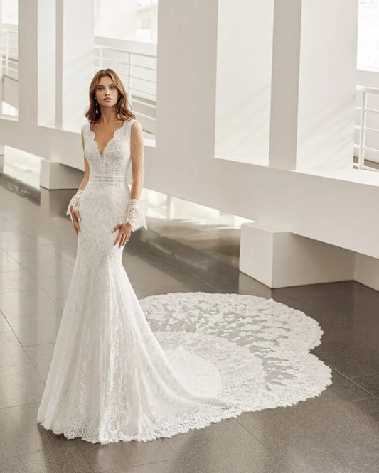 Elegant Mermaid Wedding Dress with Long Sleeves, V-Neckline, and a Flattering Natural Waist for a Sophisticated and Stunning Bridal Look - Camilla's