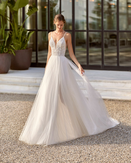 Elegant A-Line Bridal Dress with Straps, V-Neckline & Flattering Natural Waistline for a Timeless Bridal Look