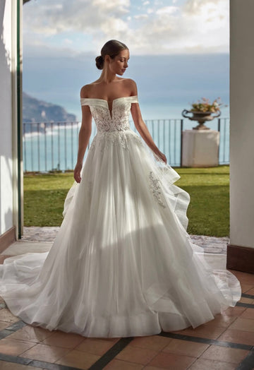Elegante linha a tule fora do ombro vestido de casamento para mulher com apliques botões vestido de noiva feito sob encomenda vestidos de novia