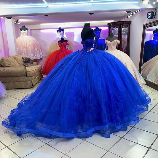 Vestidos de quinceañera azul real, cristal de lujo, apliques de flores 3D, vestidos de fiesta de cumpleaños de princesa, corsé de 15 años