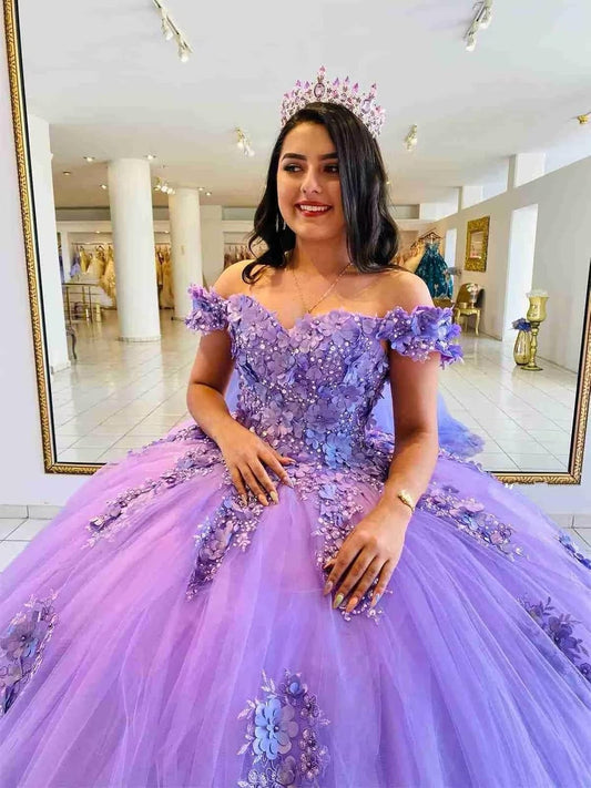 Luxury Lavender 3D Flower Quinceanera Dresses Beading Lace Princess Corset Ball Gowns Vestidos De 15 Anos Plus Size