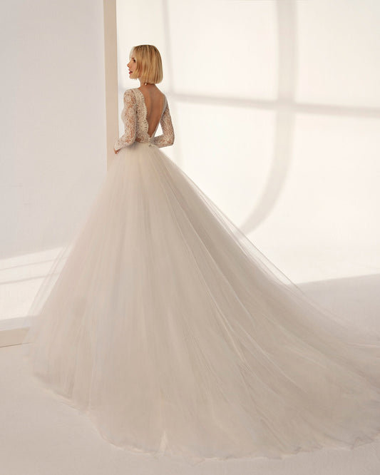 Robes de mariée en dentelle sans dos pour mariée A-line manches longues scoop cou musilm robes nuptiales tulle robe de mariée