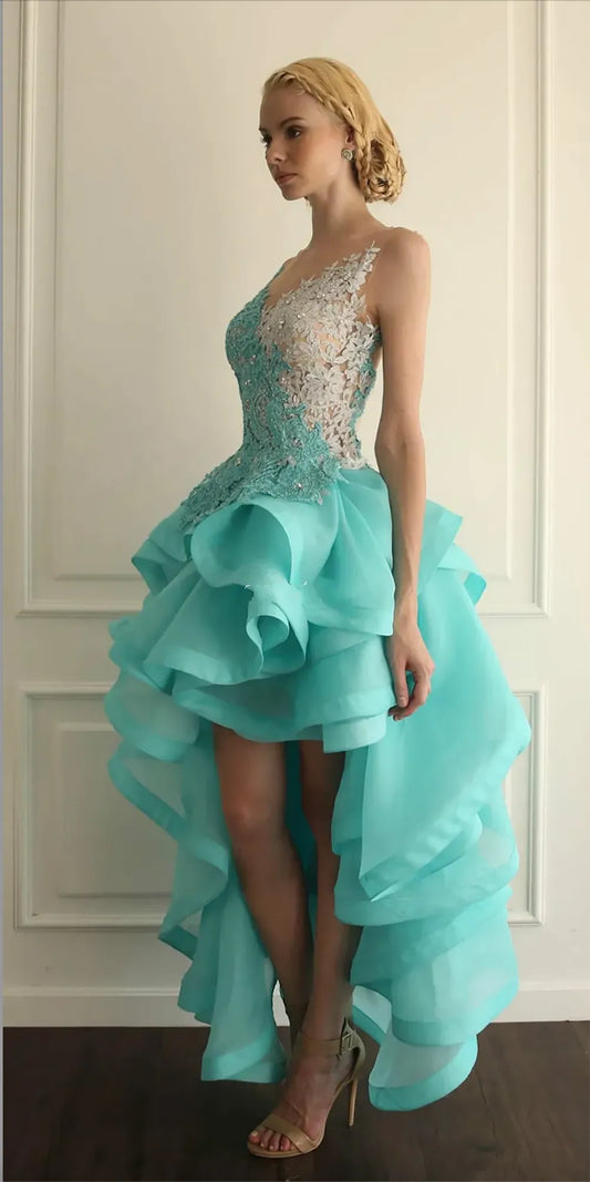 Blue High Front and Low Back Cocktail Dresses Illusion Neck Organza Lace Appliques Ruffle Beads Homecoming Gowns