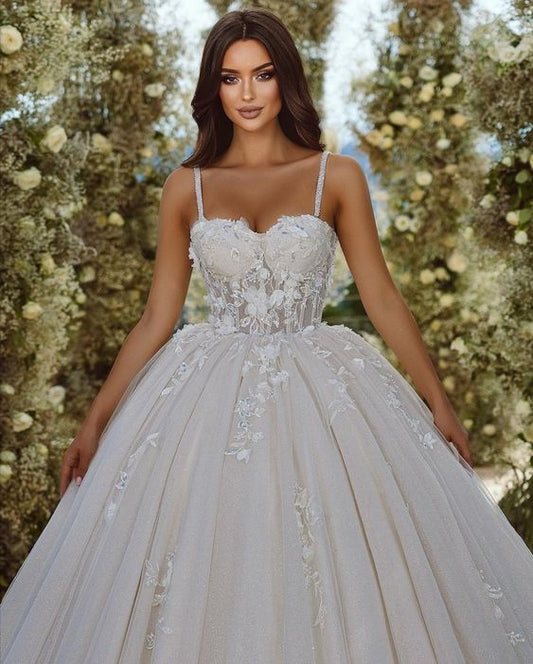 Luxury Women Wedding Dress Spaghetti Straps Flowers Lace Appliques A-Line Tulle Bridal Gown Floor-Length Princess Prom Dress