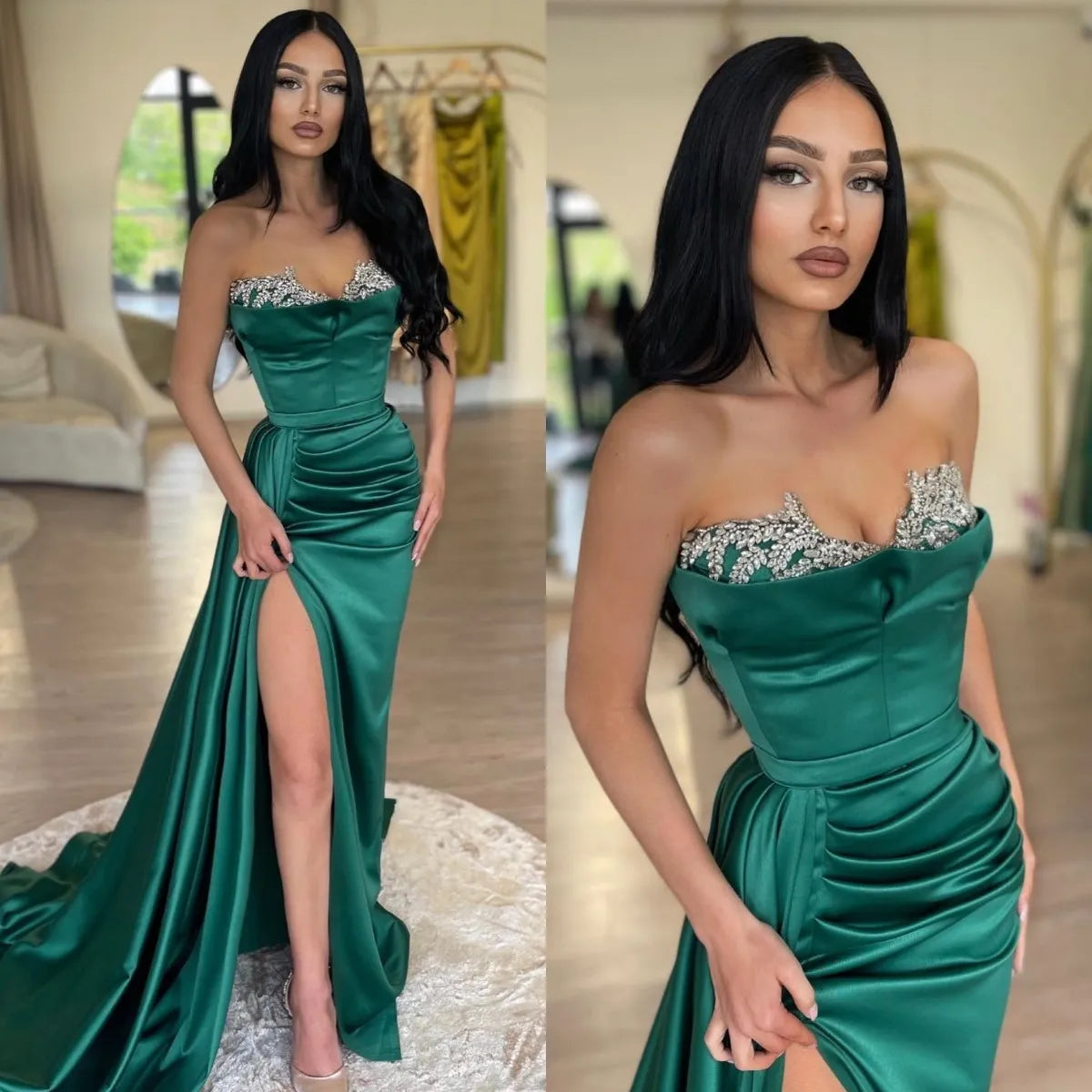 Green Satin robes de soirée Mermaid Prom Dresses Elegant Sleeveless Floor-Length Sexy Side High Split Wedding Dress