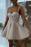 Glitter Wedding Dresses A Line Bow Straps Dress Women Elegant Luxury Above Length Sparkle Sweetheart Birthday Dresses