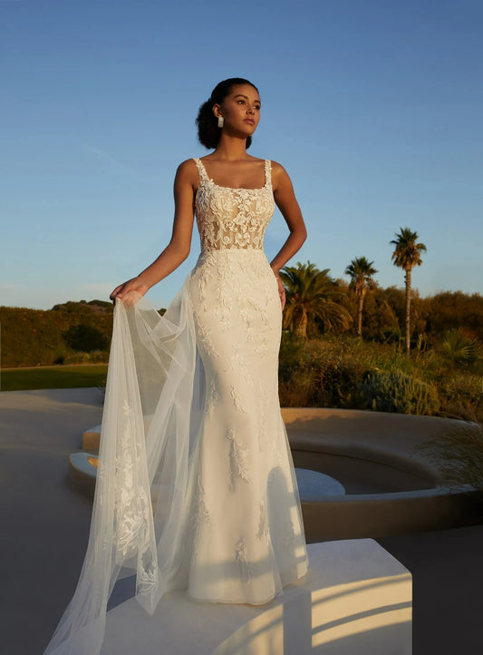 Sexy Square Collar Wedding Dress With Detachable Train Sleeveless Lace Applqiues Boho Mermaid Bride Gown Backless Robe de mariée