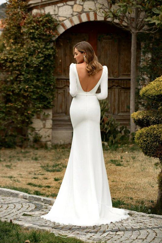 SoDigne Modern Country Mermaid Wedding Dress With Belt Square Collar Long Sleeves Backless Elastic Satin Bridal Gown Dresses