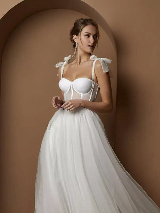 Korta bröllopsklänningar moderna utbenande spaghettirem en linje te längd vit brudklänning vestido de noiva curto