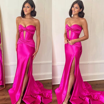 Sexy Fushia Satin Prom Dress Mermaid Strapless High Slit Floor Length Sweep Floor Evening Dress vestido de gala