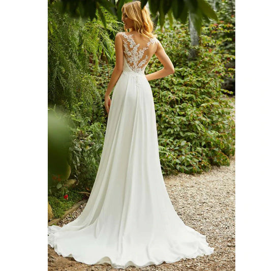 Jeheth Beach Lace Chiffon Hochzeitskleid charmante O-Neck-Applikationen Brautkleider A-Linie Rückenless ärmellose Robe de Mariee