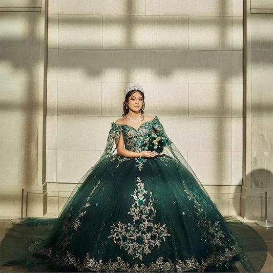 Glittering Emerald Green Quinceanera Dresses Gold Lace 3D Flower Vestidos De 15 Anos Formal Princess Birthday Party