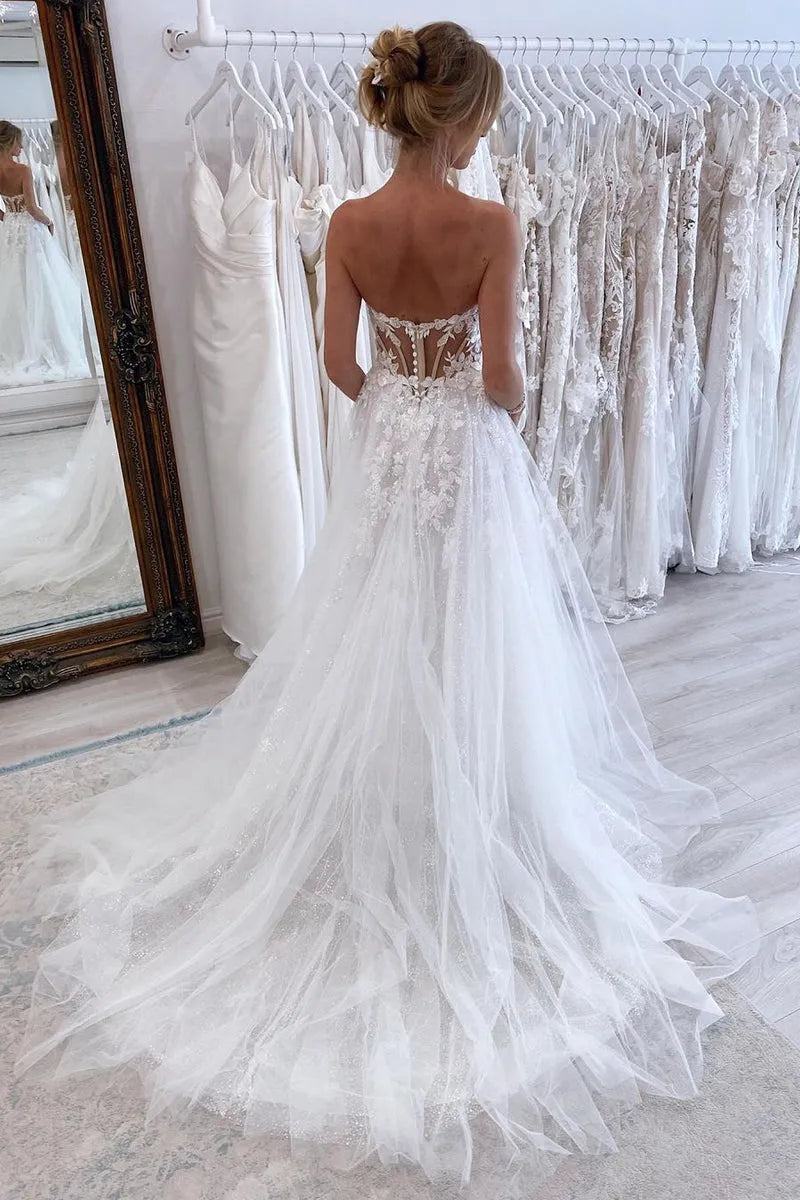 Elegant A-Line Wedding Dress Women Open Back Lace Sweetheart Strapless