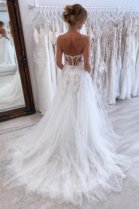 Elegant A-Line Wedding Dress Women Open Back Lace Sweetheart Strapless Tulle Applique Bridal Gown Sweep Train Vestidos De Noiva