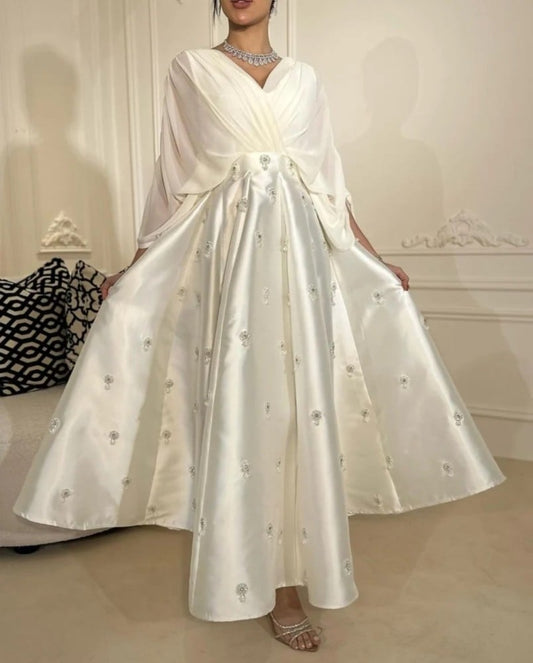 Prom Dress Saudi Arabia Satin Draped Applique Pleat Evening A-line V-Neck Bespoke Occasion Gown Long Sleeve Dresses