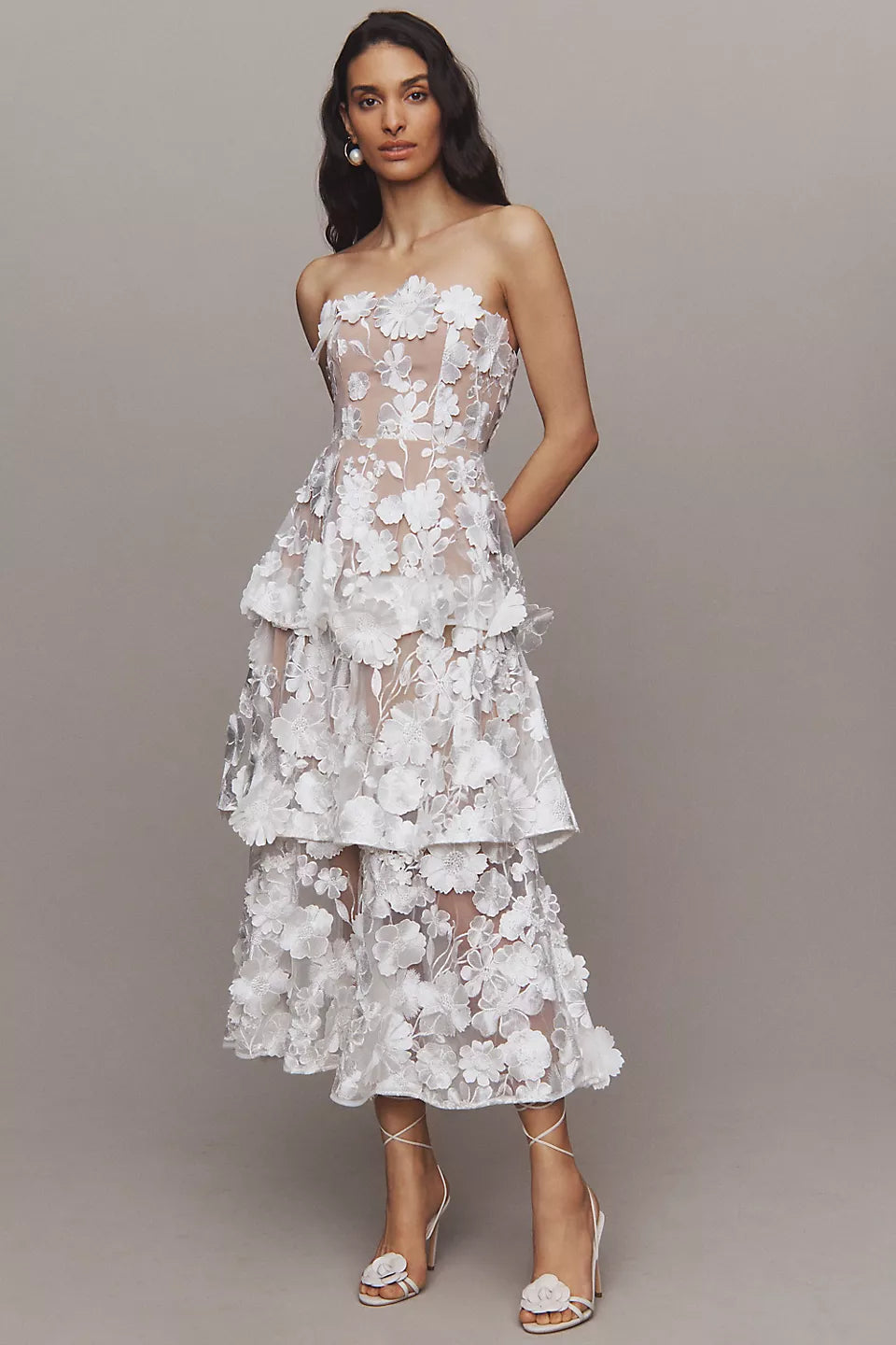 Selene Strapless 3D Floral Lace Tiered Maxi Dress