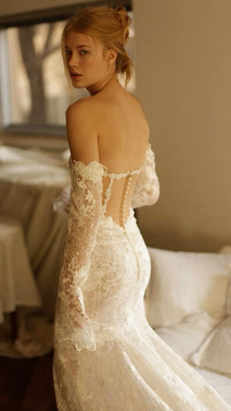 Elegant Glitter Lace Wedding Dresses Off The Shoulder Long Sleeves Mermaid Floor Length Sweep Train Backless Bridal Gowns