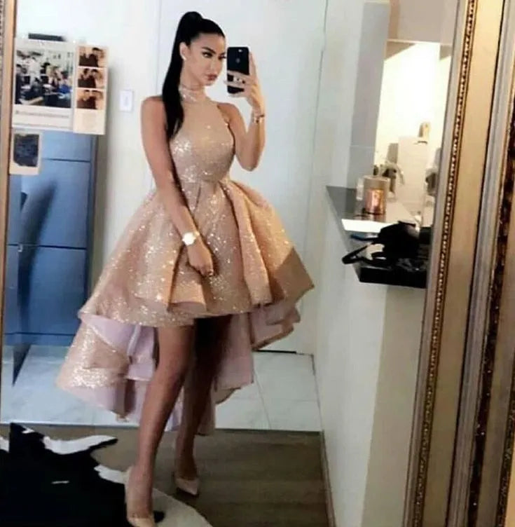 Cheap High Neck Sequins Mini Graduation Dresses Sexy Short Front Long