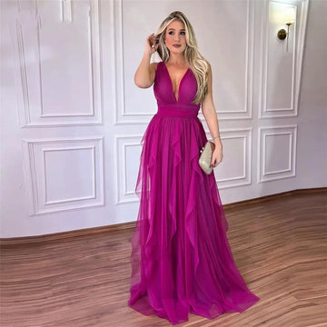 Elegant Fushia Prom Dresses Chiffon Deep V-Neck Ruffles Floor Length Simple Party Dresses vestidos de graduación