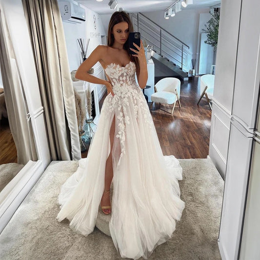 Semplici abiti da sposa boho femminile a una linea Appliques senza maniche sexy abiti da sposa formale sexy innamorato Princess Vestidos 웨딩 드레스