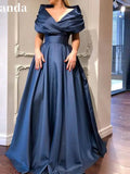 Gorgeous Silk Satin Ball Gown Prom Dress Elegant Dark Blue Evening Dress Off The Shoulder Floor Lenght فستان سهرة Blue