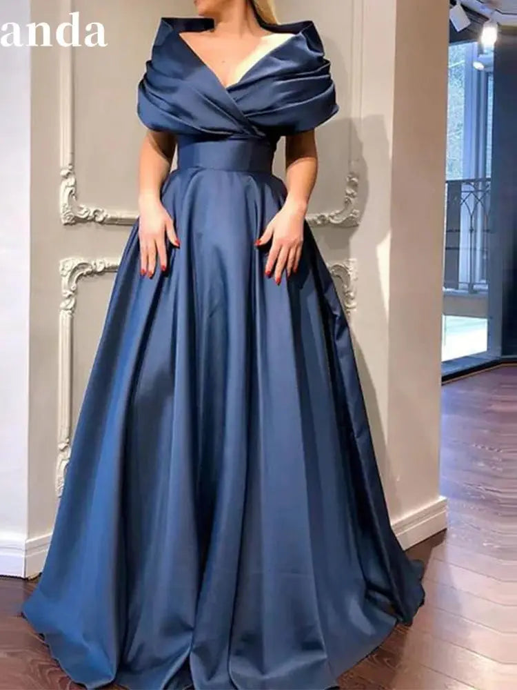 Gorgeous Silk Satin Ball Gown Prom Dress Elegant Dark Blue Evening Dress Off The Shoulder Floor Lenght فستان سهرة Blue