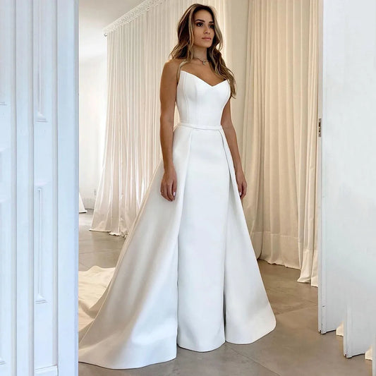 White Wedding Dresses With Detachable Train Bow Sweetheart Wedding Gowns Women Satin Button Elegant Bridal Gowns As Picture