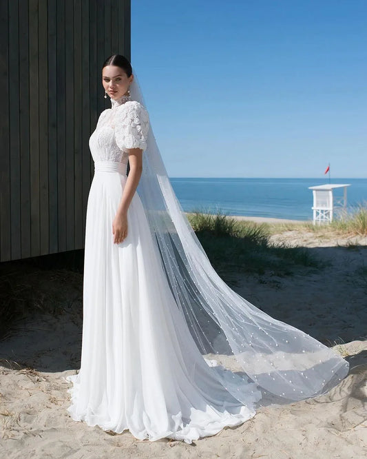 Luxury Wedding Gowns For Women High Neck Short Sleeves 3D Flower Lace Appliques Bride Dress Boho Wedding Dress