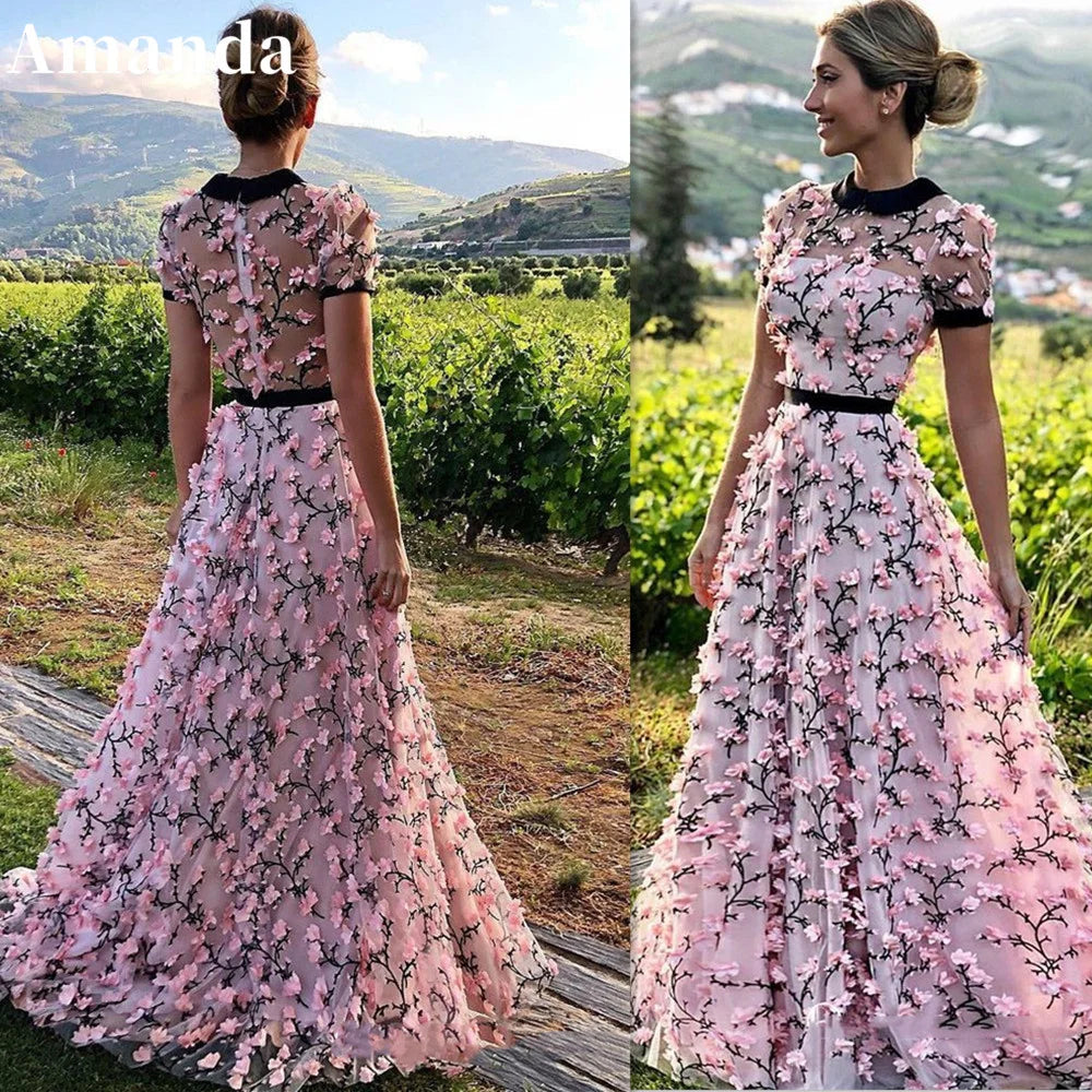 Amanda High Neck Evening Dress 3D Flower Prom Dress 2023 Pink Lace Embroidery Party Dress A-line فساتين مناسبة رسمية