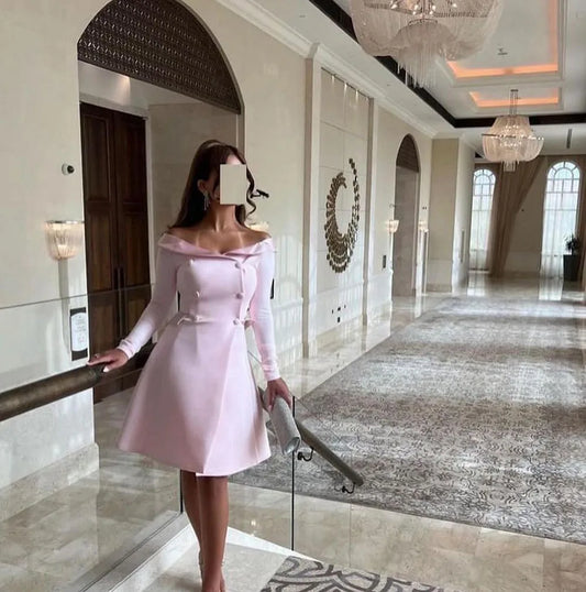 Modern Evening Dresses Outfit Long Sleeves Button Pink Party Gown Wedding Guest Dress Special Occasion Dress