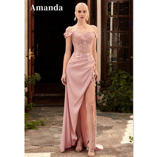 Sexy Off The Shoulder Prom Dress Silk Satin Mermaid Party Dress Lace Embroidery Evening Dress Side Split Christmas Dress