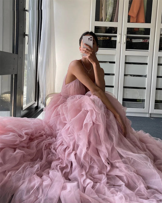 Princess Organza Prom Dress Sexy Spaghetti Straps Evening Dress Elegant Ball فستان سهرة Arabic Women Formal Prom Dress