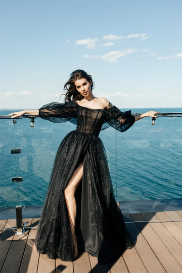 Glitter Black Prom Dress Shiny Puffy Sleeve فستان سهرة Sexy Side Split Formal Occasion Dresses Gothic Wedding Party Dress