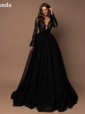 Gothic Black Long Sleeve Prom Dress Sexy Lace A-line Party Dress Shiny Ball Gown Evening Dress V-neck Christmas Dress Black