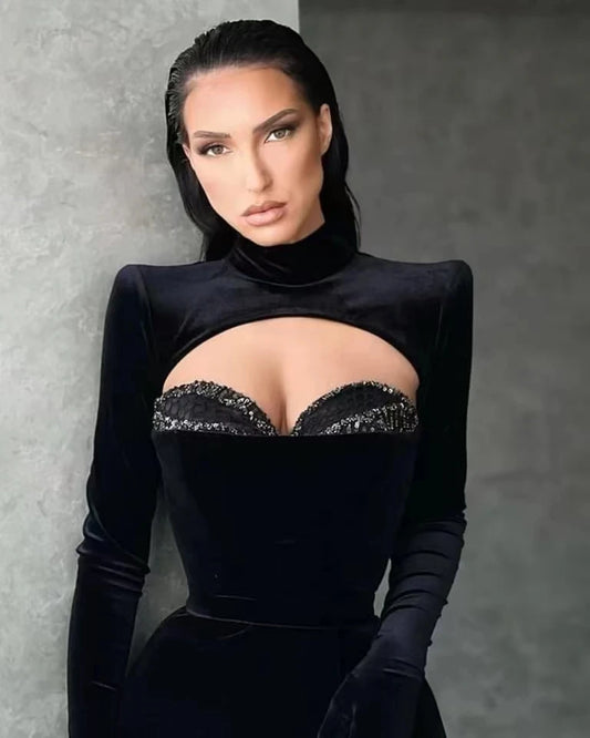 Muslim Arabic Black Elegant Evening Dress Long Sleeve Prom Dress Mermaid High Neck Formal Occasion Gown Robes De Soirée