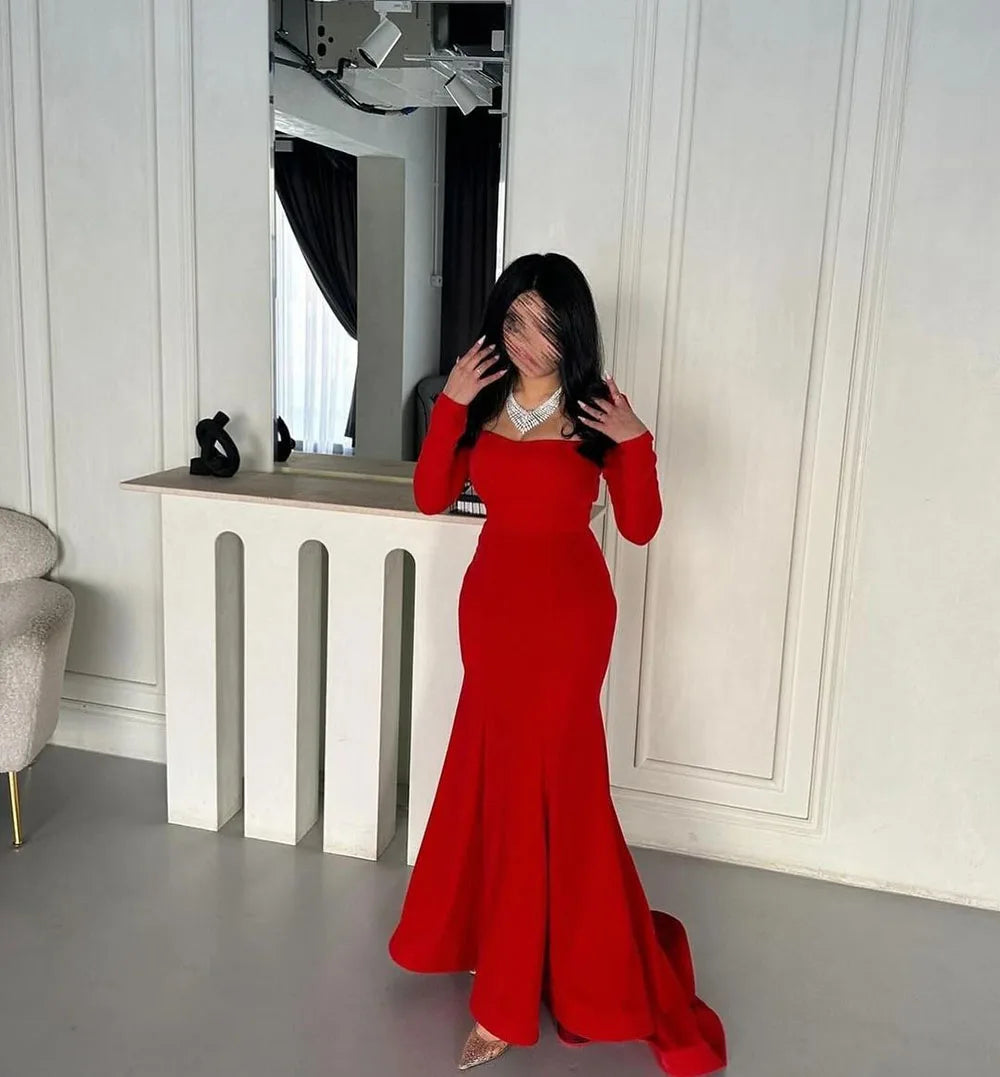 Elegant Red Mermaid Prom Dress Elastic Satin Square Long Sleeves Floor Length Formal Evening Dress vestido de gala