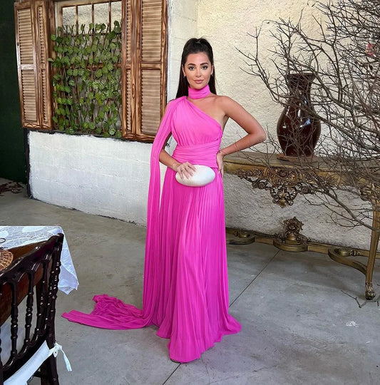 Fuchsia One Shoulder Prom Dress With Draped Sleeves Halter Neck Formal Party Gown Evening Dress vestido de gala Pink