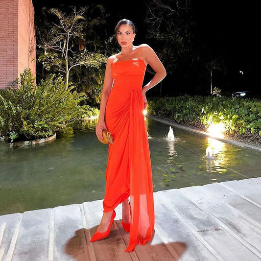 Orange Charming Prom Gown Strapless Pleat Anke Length Evening Dresses With Draped Party Celebrity Night Dinner Gowns As Picture