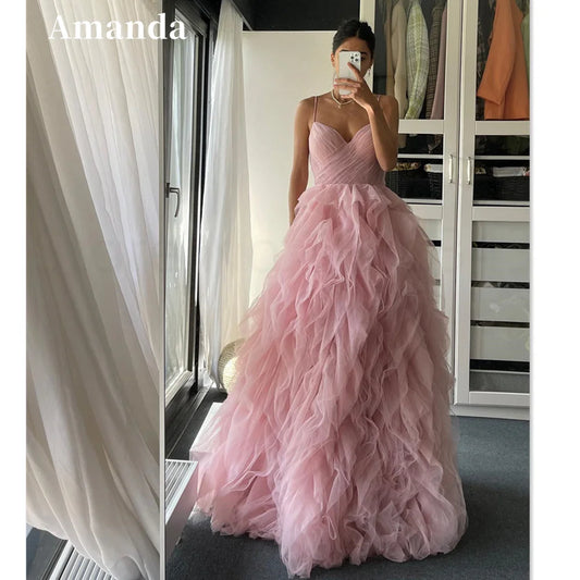 Princess Organza Prom Dress Sexy Spaghetti Straps Evening Dress Elegant Ball فستان سهرة Arabic Women Formal Prom Dress