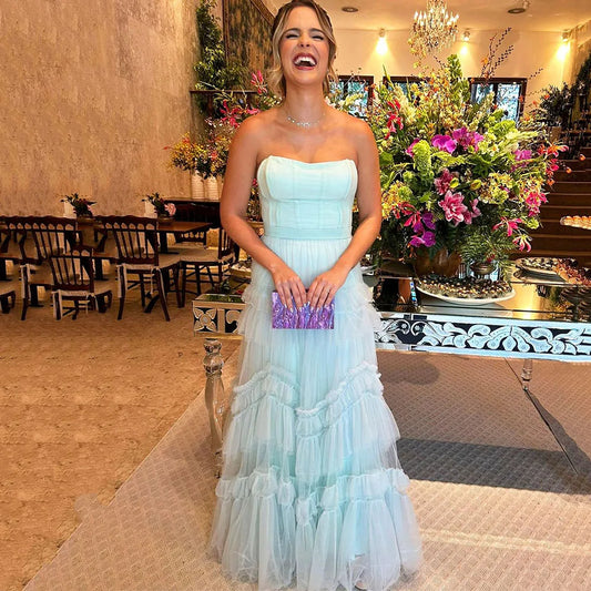 Sky Blue Long Evening Dresses For Wedding Party A Line Night Banquet Gowns Tiered Formal Occasion Dress Robe de soirée Blue