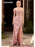 Sexy Off The Shoulder Prom Dress Silk Satin Mermaid Party Dress Lace Embroidery Evening Dress Side Split Christmas Dress Pink