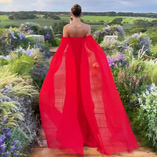 Vestidos de noche rojos con mangas drapeadas, vestido de invitados de boda, plisado, sin espalda, vestido Formal de fiesta de gasa para ocasiones especiales