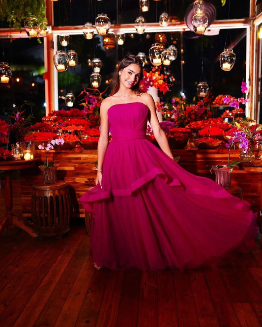 Fuchsia Prom Dresses Sleeveless Ruched Backless Birthday Evening Gowns Girl Graduation Banquet Formal Party Dress