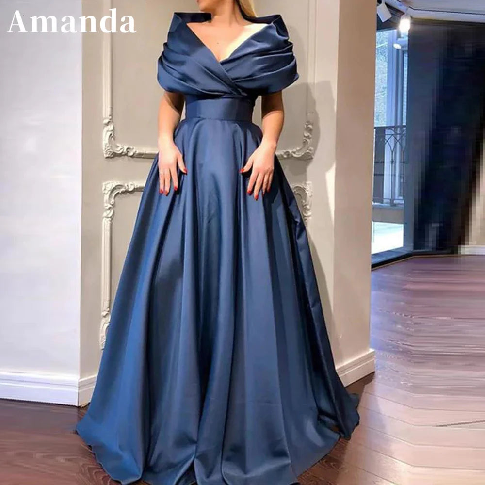 Gorgeous Silk Satin Ball Gown Prom Dress Elegant Dark Blue Evening Dress Off The Shoulder Floor Lenght فستان سهرة