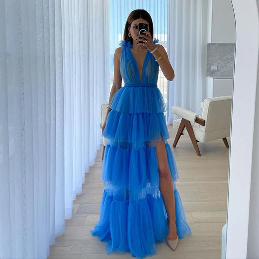 Blue Prom Dresses V Neck Special Occasion Dress Tiered Tulle Backless Side Split Wedding Party Gown Graduation Dress Blue