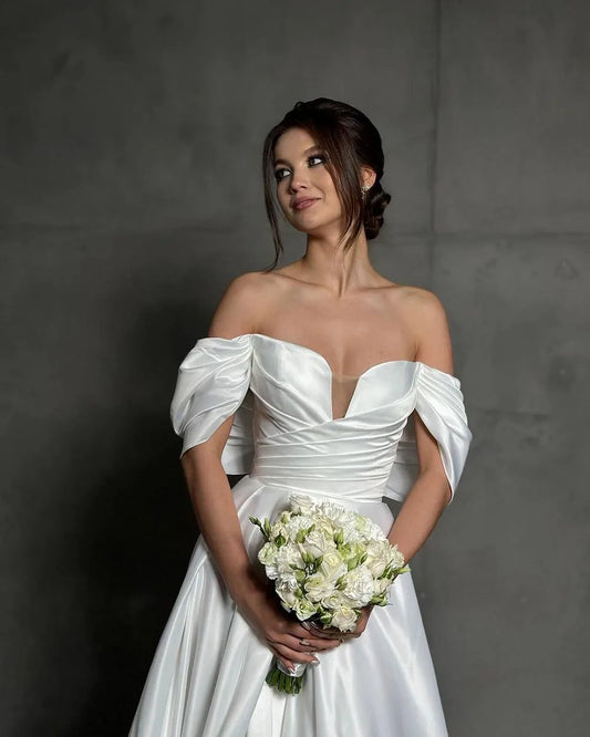 Vestidos De novia De satén suave, línea A, abertura lateral, sencillo, con hombros descubiertos, plisado, vestido De novia Formal hecho a medida, Rode De Morrie